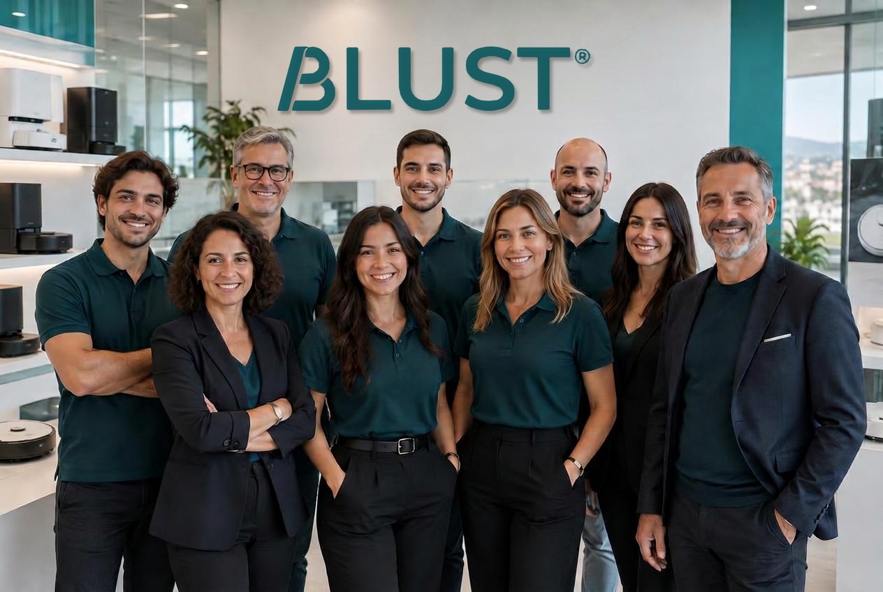 Immagine illustrativa di un gruppo in un ufficio con marchio BLUST